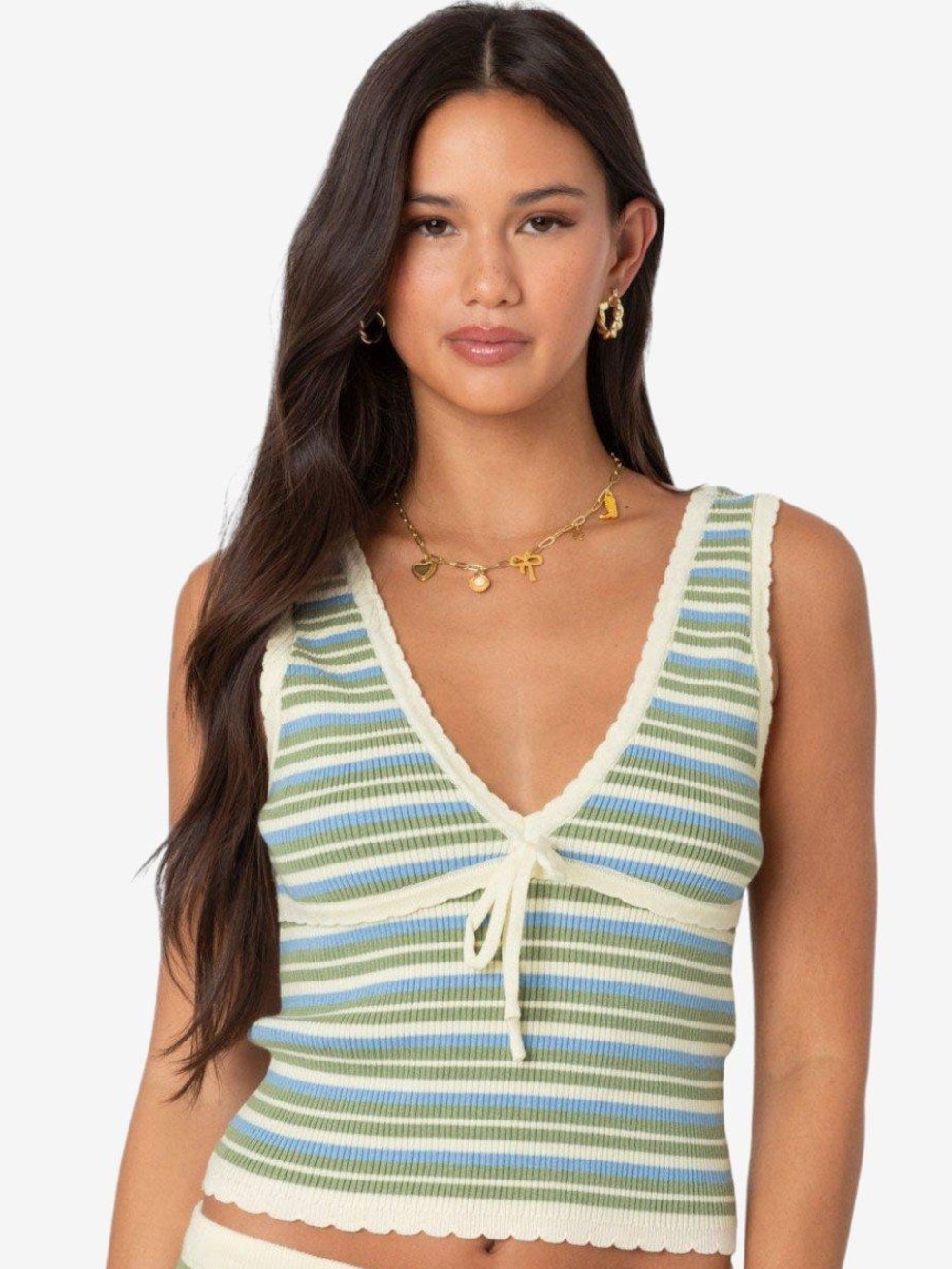 Edikted Scalloped Striped Ribbed Knit Tie Front Tank Top XS